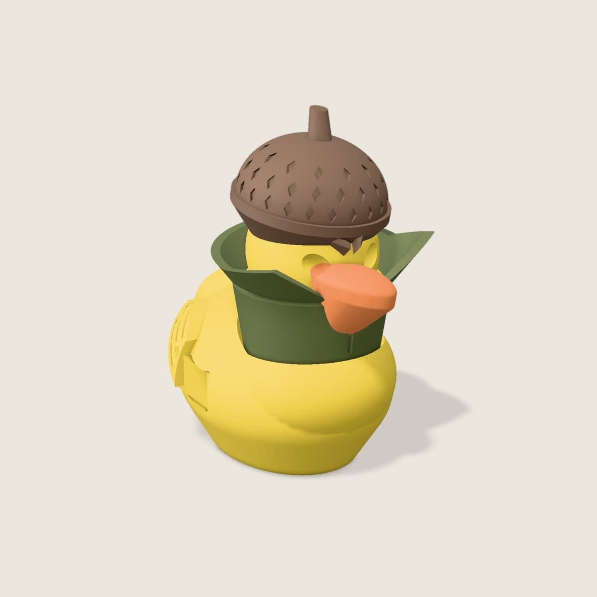 The OakenDuck, leddet, skrått forfra i full farge: gul and med brun eikenøtthjelm, oransje nebb og høy grønn krage som hodet snur seg i.